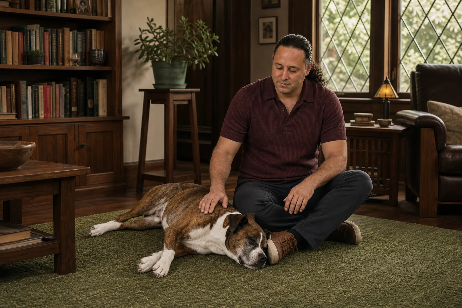 Sina Vakili sitting beside a boxer during a quiet in-home visit