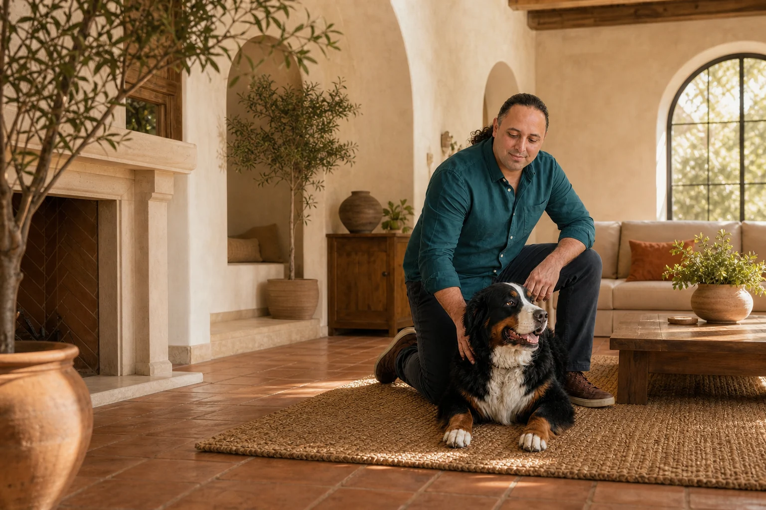 Sina Vakili kneeling beside a relaxed Bernese mountain dog during an in-home visit