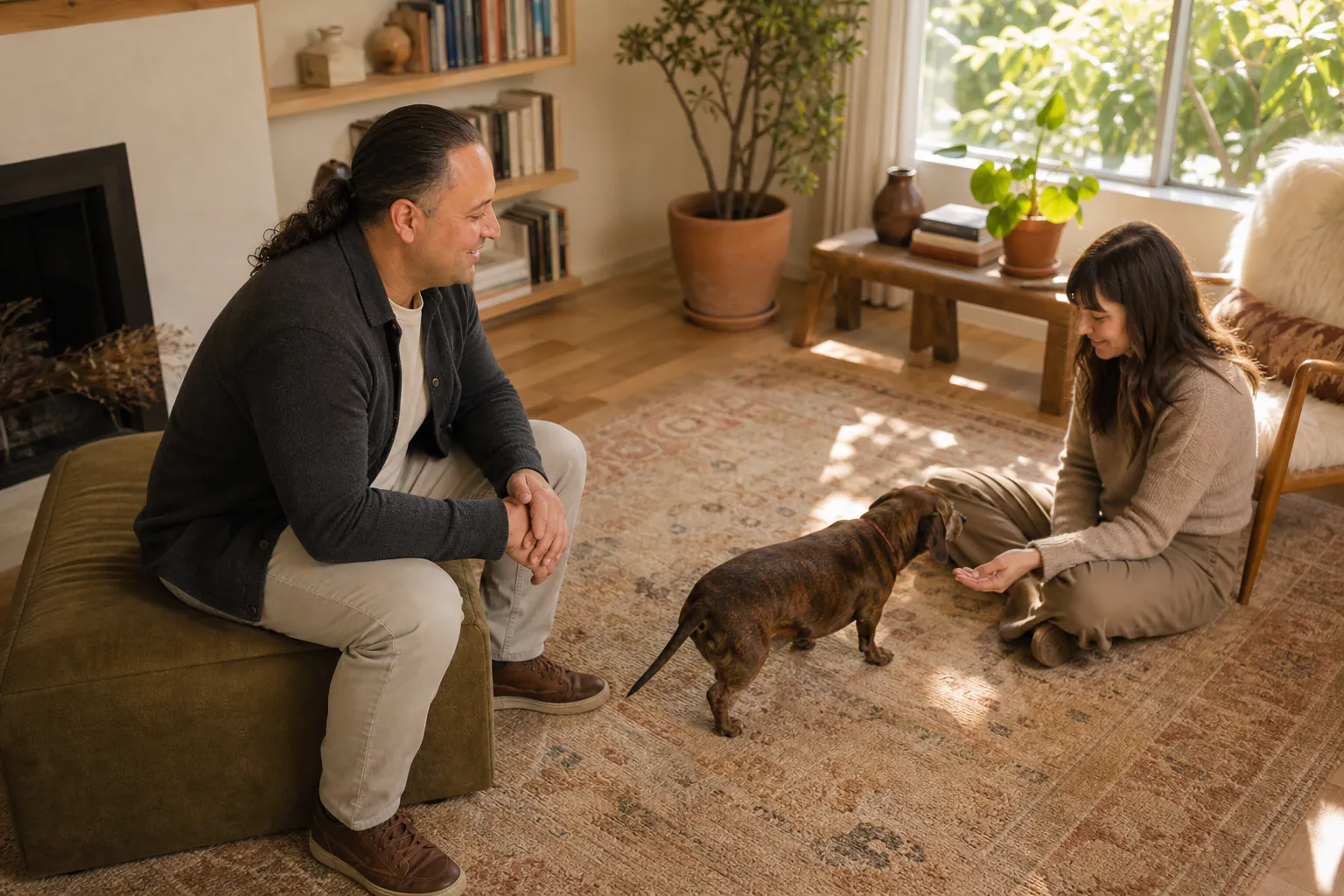Sina Vakili meeting a dog and guardian in their living room