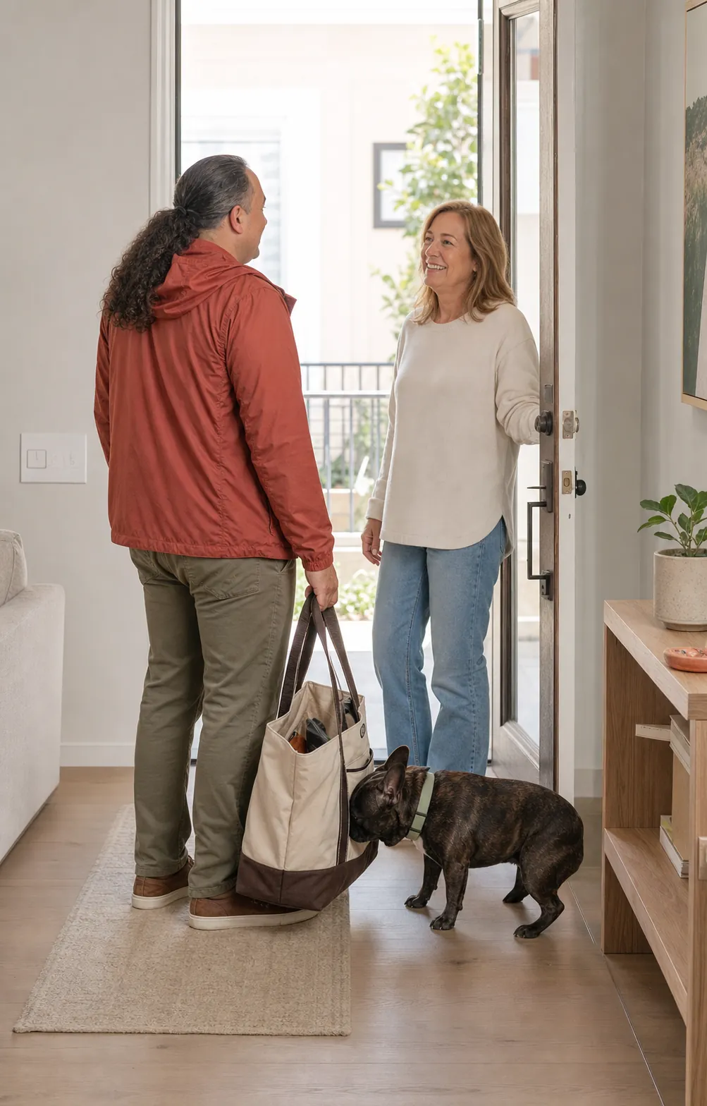 Sina Vakili greeting a guardian while her French bulldog investigates his visit bag in an Irvine apartment