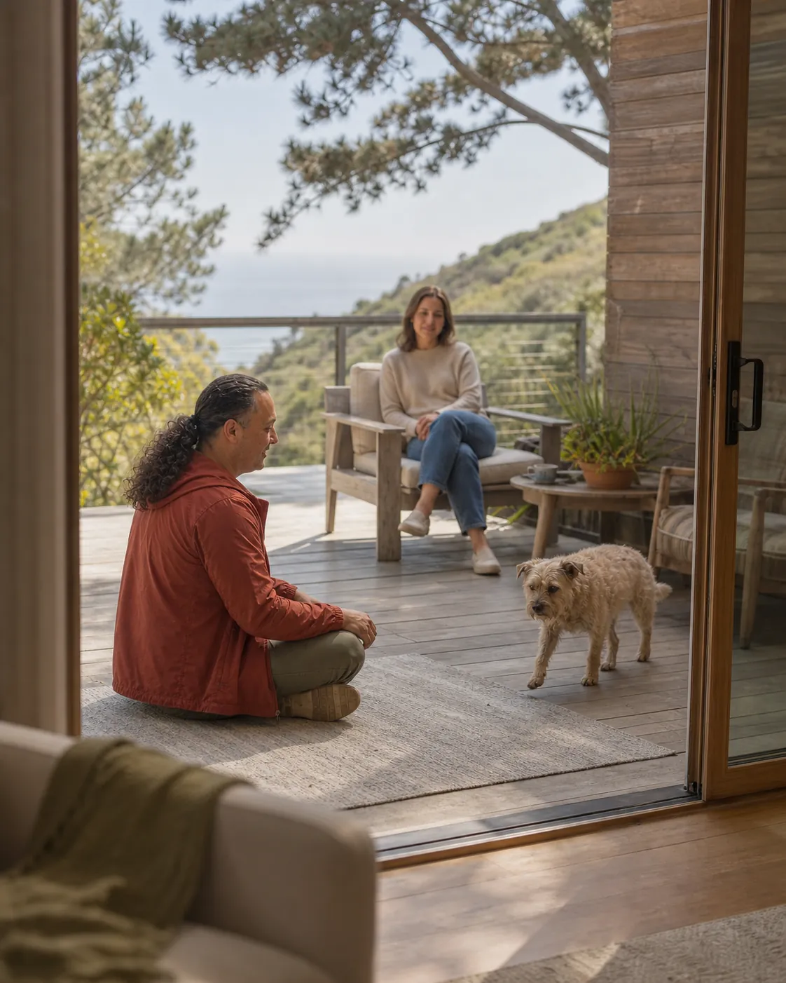 Sina Vakili sitting quietly as a small terrier approaches on a Laguna Beach deck