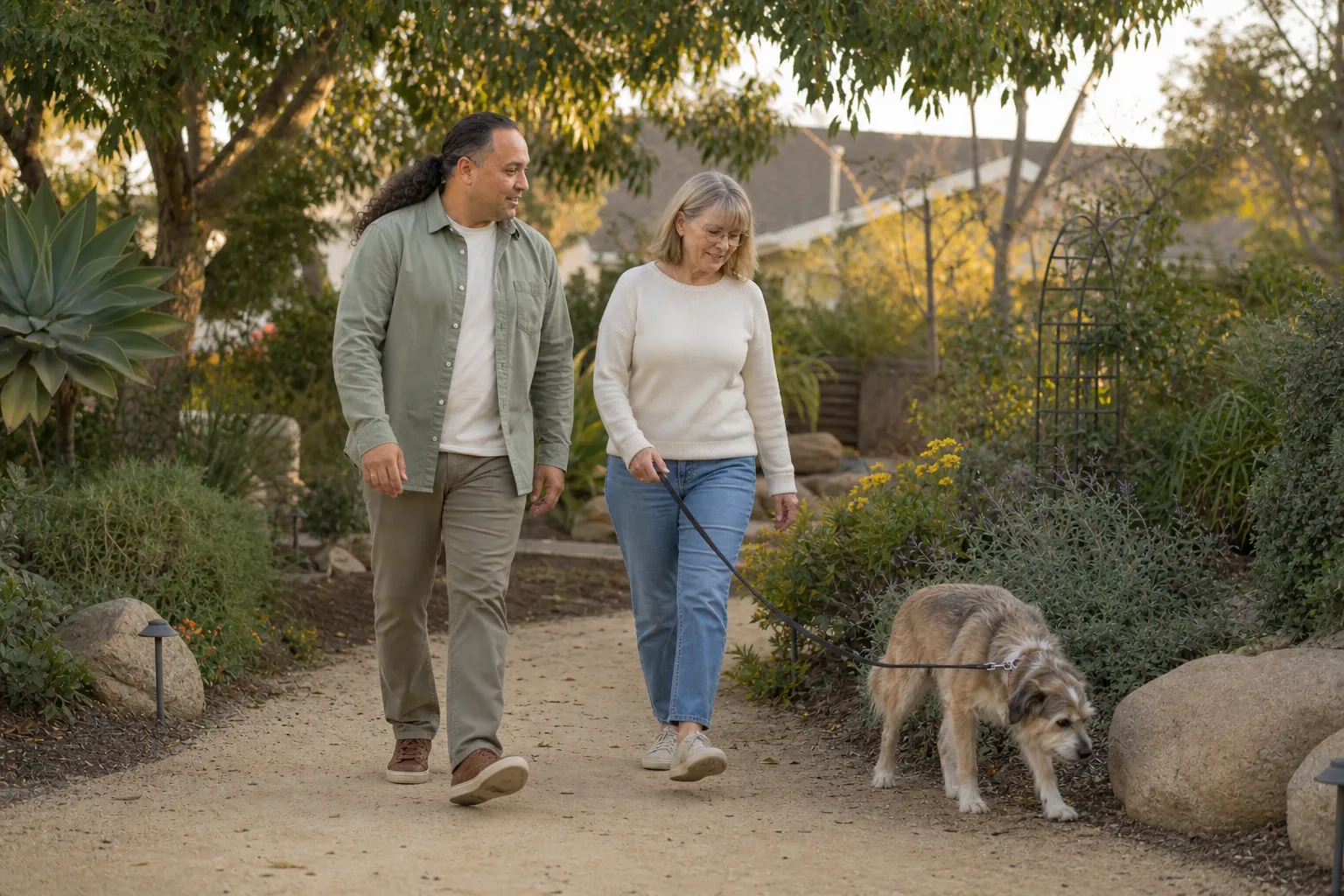 Sina Vakili walking with a senior dog and its guardian through a Laguna Niguel garden