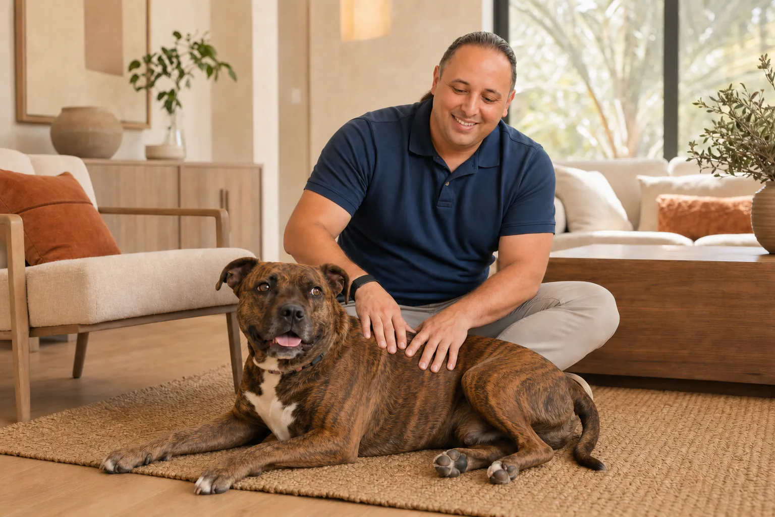 Sina Vakili sharing gentle wellness touch with a relaxed brindle dog at home
