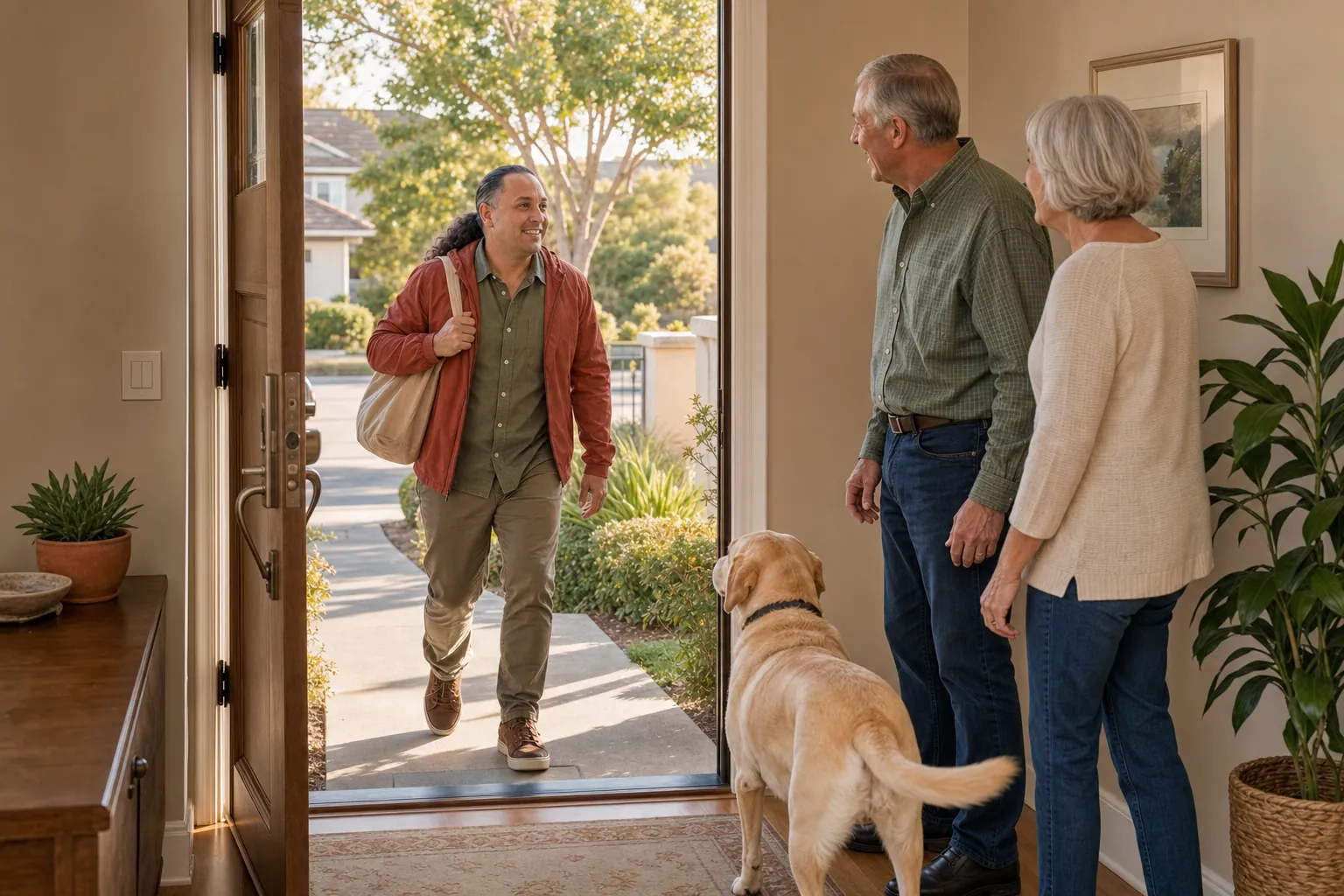 Sina Vakili arriving at a Mission Viejo home while a senior Labrador and its guardians greet him