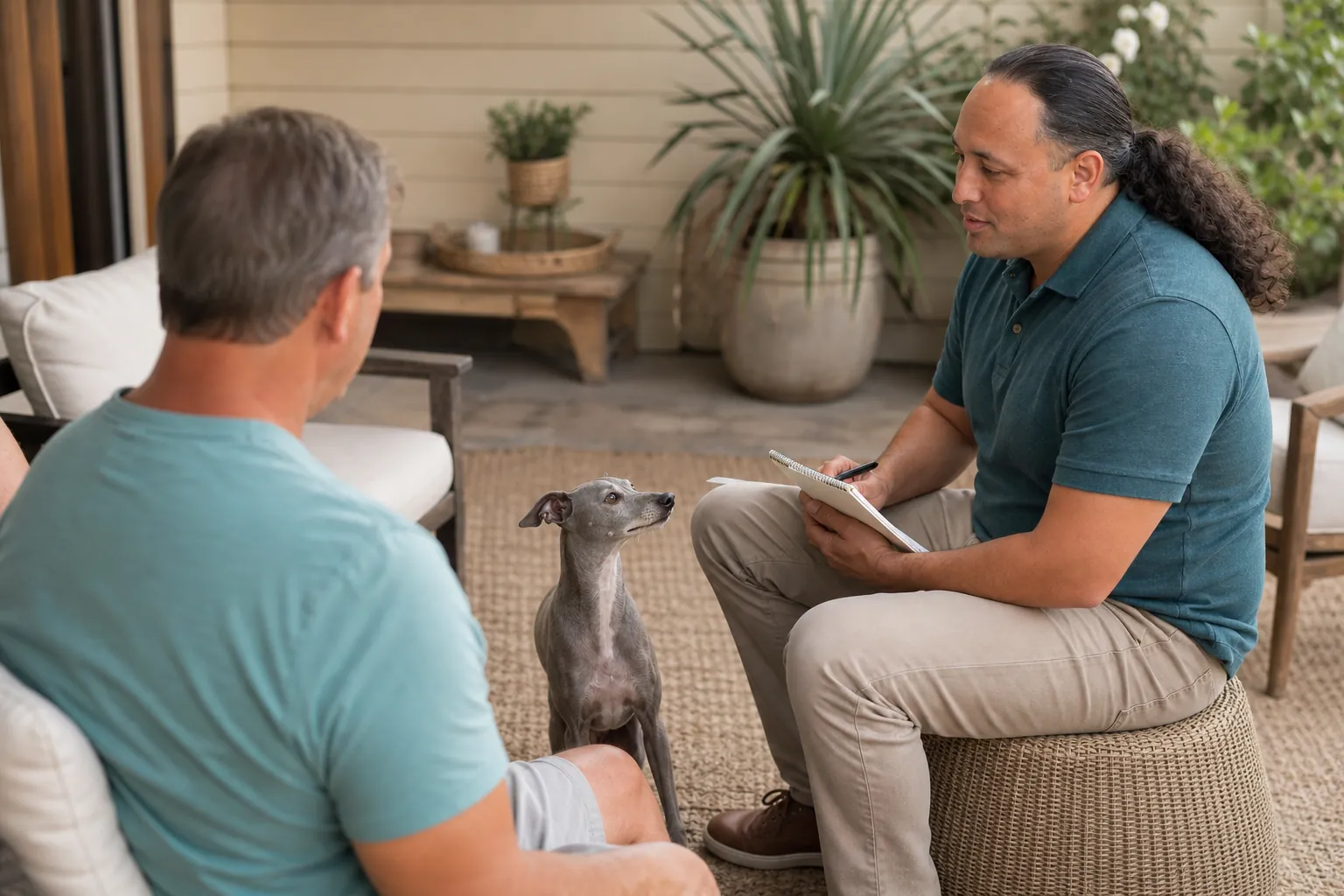 Sina Vakili listening to a guardian beside an Italian greyhound on a Newport Beach patio