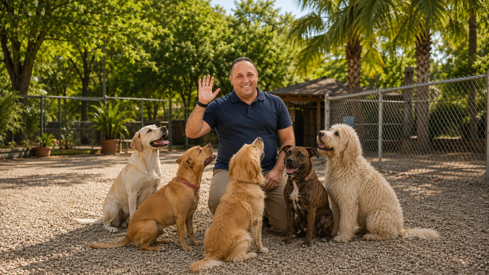 Sina Vakili outdoors with a happy group of dogs