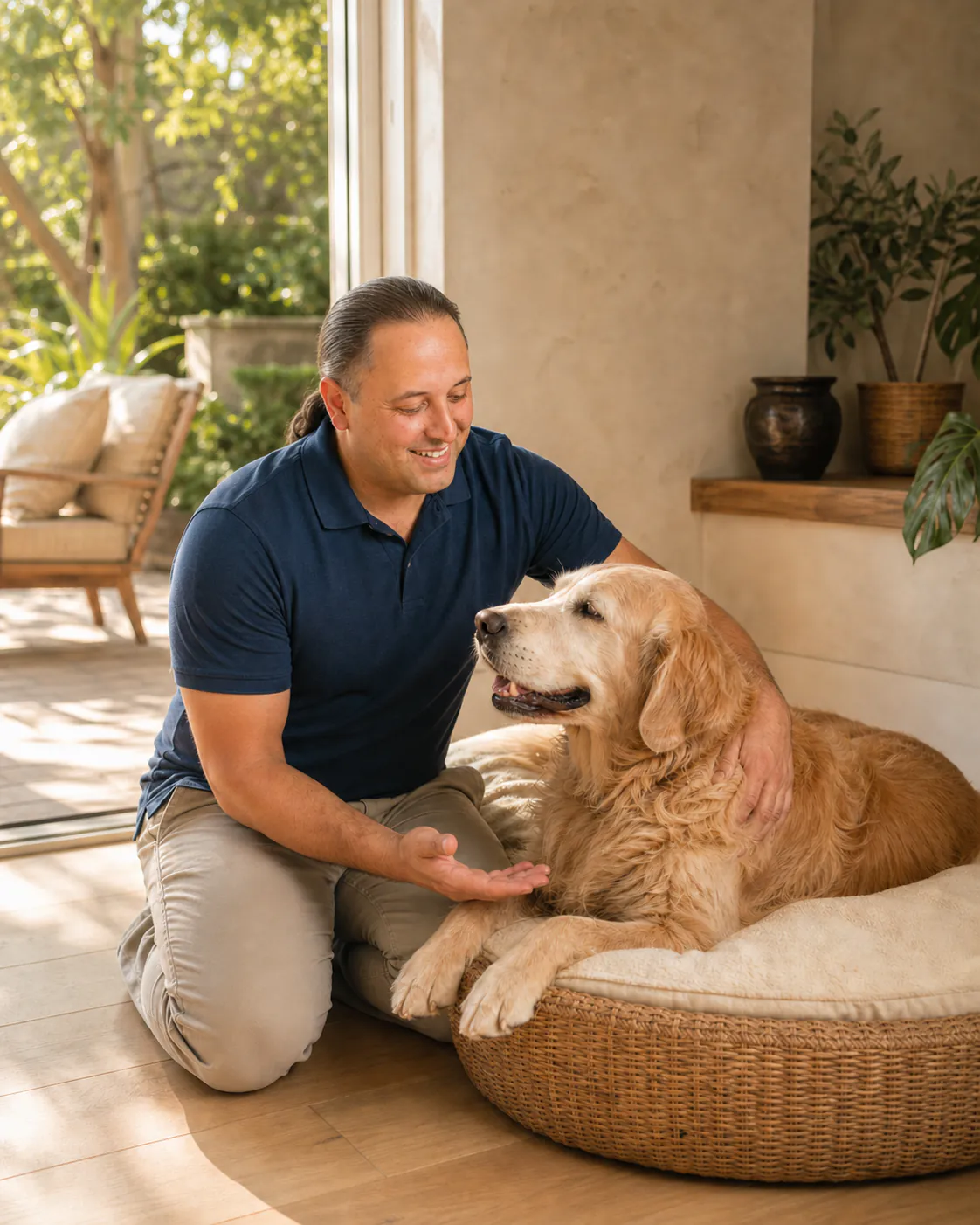 Sina Vakili pausing at a senior golden retriever's level during an in-home visit