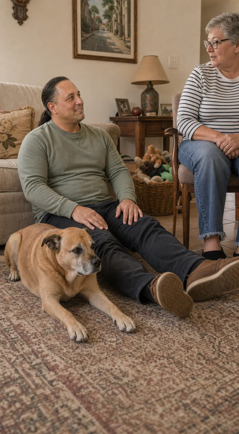 Sina Vakili listening to an older guardian while sitting beside her relaxed mixed-breed dog